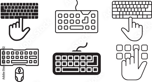 Computer Keyboard Set Icons: A comprehensive set of stylized icons depicting the computer keyboard, keyboard, with hand touch and mouse, capturing the essence of digital input. 