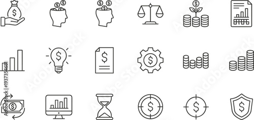 Financial Planning Icon Set with Money Bag Growth Graph Scales Document Idea Shield Vector Outline Illustration Isolated on White Background