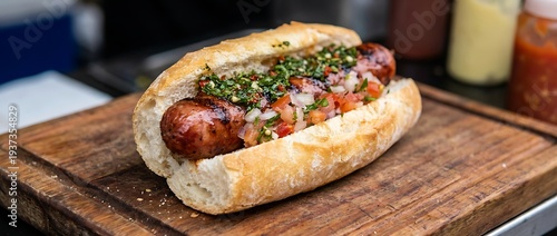 Traditional Argentinian choripan with chimichurri and salsa criolla