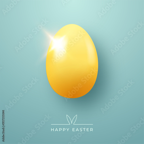 Yellow egg with light flare on turquoise background with Happy Easter text. Concept of Easter greeting card and holiday poster