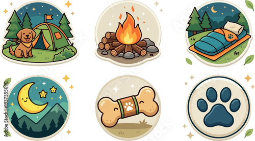 Cartoon sticker vector showing brown dog sitting by green tent and campfire under moonlit mountain night with sleeping bag cozy