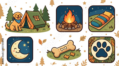 Flat design close up happy golden retriever sitting by green camping tent at night with stars smiling looking at camera