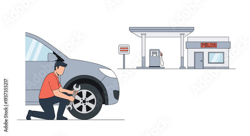 A light-skinned man in an orange shirt kneels beside a grey car using a wrench to change a flat tire near a gas station.