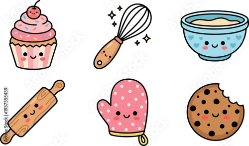 Whimsical kids doodle close up kawaii baking icons with smiling cupcake whisk bowl oven mitt cookie rolling pin pink sprinkles