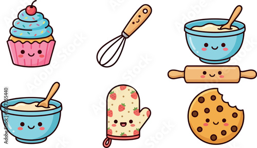 Kawaii vector flat baking icons cute cupcake whisk mixing bowl rolling pin oven mitt bitten cookie smiling faces pastel colors