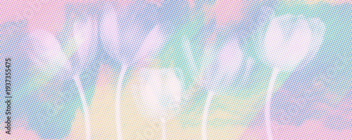 Risograph print texture in abstract color blocks, abstract halftone dot field, distressed grunge print. Flower silhouettes, spring botanical motif, collage poster background. Vector illustratration