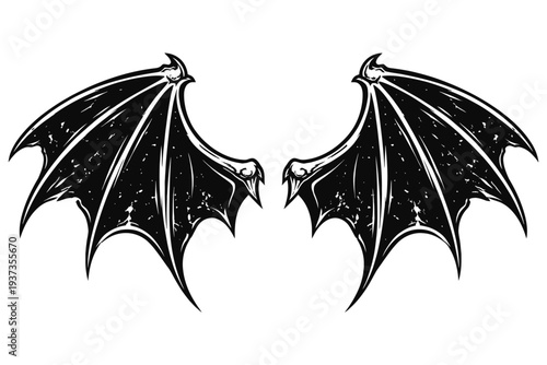 Black bat wings illustration on white background, gothic wing design, spooky Halloween symbol, dark art creature feature, mysterious flying creature, angel or devil wings, dark fantasy art, vector gra