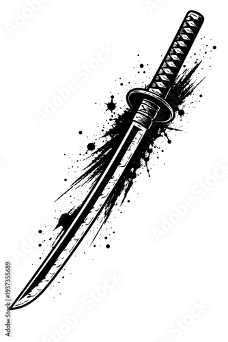 Black and white illustration of a katana sword with splatters on a white background, perfect for martial arts and Japanese culture themes.