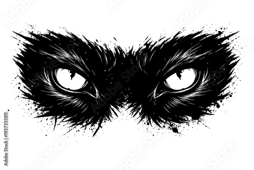 Intense black and white illustration of cat eyes with dramatic brushstrokes and splatters creating a striking visual effect perfectly capturing the feline gaze