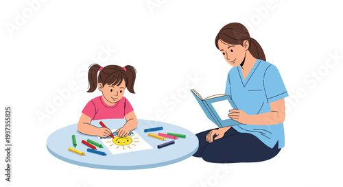 A light-skinned woman in a blue top sits on the floor reading a book while a little girl colors a sun drawing at a round table.