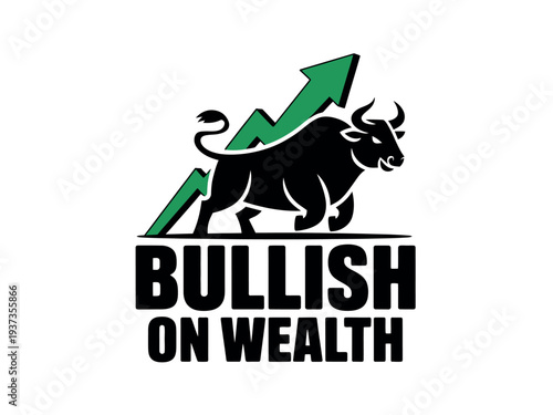 Bullish on Wealth Logo with Green Arrows and Black Bull Silhouette on White Background