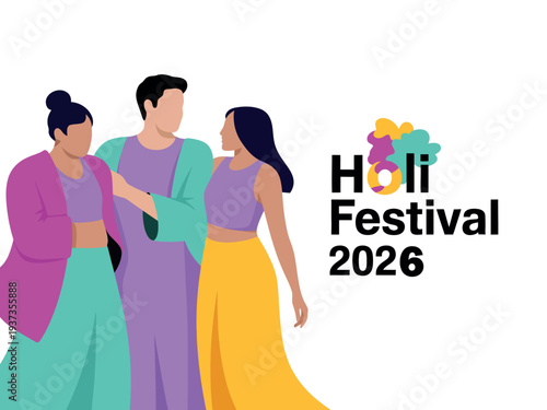 Colorful illustration of friends celebrating Holi Festival 2026 together with vibrant clothing and joyful atmosphere