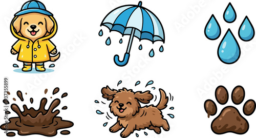 Cute cartoon vector set of playful puppy in rain yellow raincoat umbrella mud splash paw print close up happy illustration