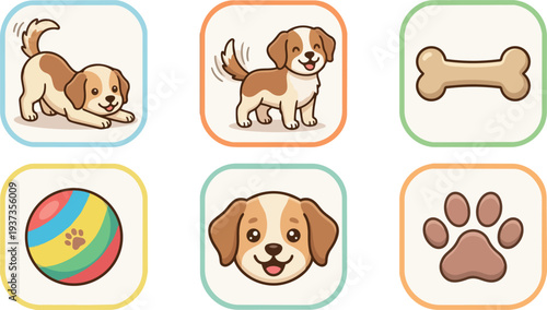 Flat design playful puppy icon set panels showing dog bone ball paw and smiling beagle faces in bright cheerful tones