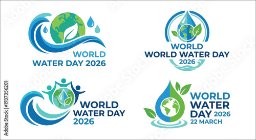 World water day logos featuring earth water and people