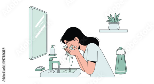 A young woman with dark hair is washing her face over a white sink with a light green framed mirror in a clean bathroom setting.