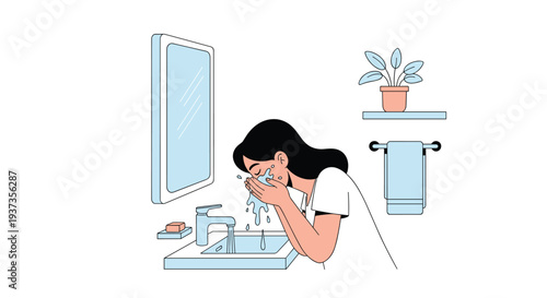 A young woman with dark hair is washing her face over a white sink with a light blue framed mirror in a clean bathroom setting.