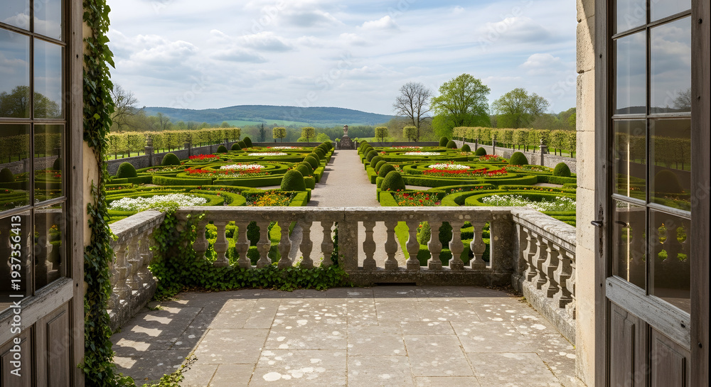 Obraz premium Expansive formal garden vista viewed from an ornate stone balcony with open french doors revealing manicured flowerbeds and distant rolling hills