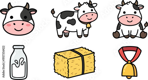 Whimsical kids doodle farm cow icon set smiling head full body sitting grazing milk bottle hay bale bell bright flat