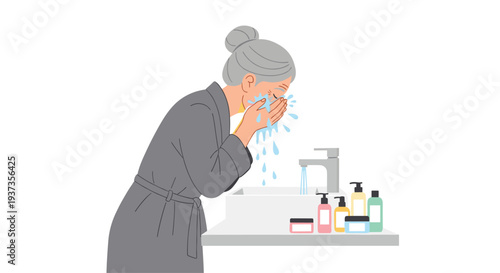 An older woman with grey hair in a bathrobe is washing her face over a white sink with various cosmetic products on the counter.