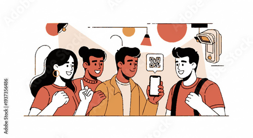 Group of young adults interacting with smartphone in modern setting with abstract background and decorative elements