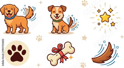 Flat design happy golden retriever and puppy wagging tail with bone paw print close up sitting smiling looking at camera