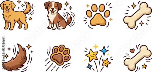 Flat design close up playful golden retriever and brown puppy wagging tail with paw print and bone icons sparkle accents
