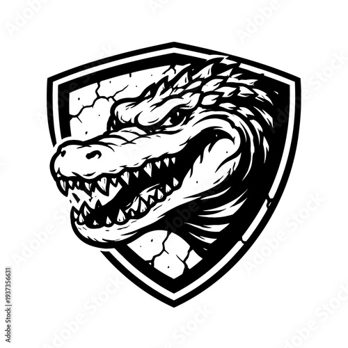 Black and white illustration of a fierce crocodile head inside a shield with cracked texture and sharp teeth.