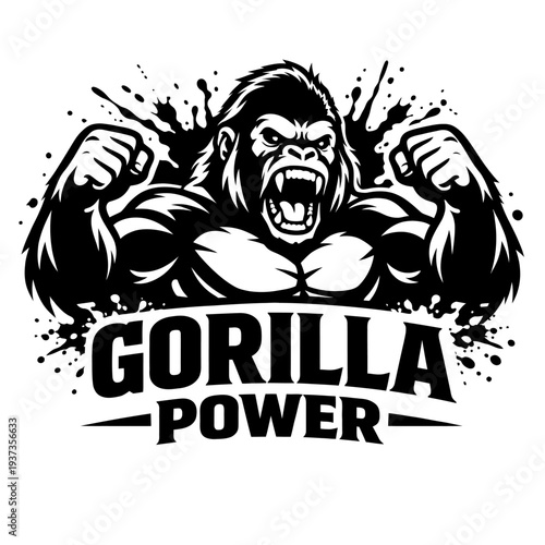 Gorilla power graphic illustration of a strong ape with flexed muscles and aggressive expression
