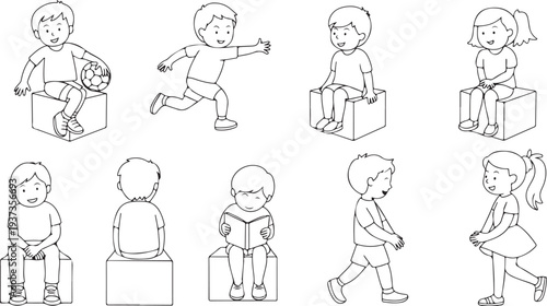 cartoon boy girl vector illustration children set play sit read walk run talk