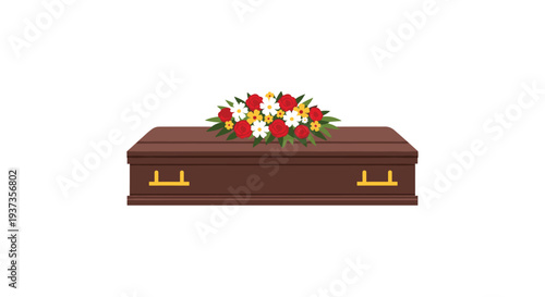 A dark brown wooden coffin with golden handles is adorned with a colorful floral arrangement of red, white, and yellow roses on a plain white background.