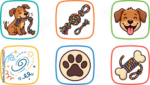 Colorful cartoon vector icons showing playful brown puppy chewing rope toy and smiling face paw print and bone cute illustrations