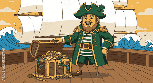 Pirate bear mascot with green coat and hat standing on ship deck holding treasure chest filled with gold coins
