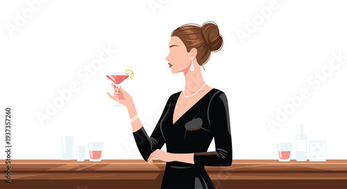 An elegant woman in a black V-neck dress and pearls holds a pink cocktail with a lime twist, standing at a wooden bar with glasses.