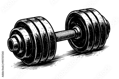 A black and white illustration of a dumbbell with weights on both ends, fitness equipment for strength training and exercise routines.