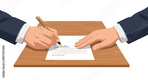 Two hands, one holding a golden pen and signing a document, the other resting on it, placed on a light brown wooden desk.
