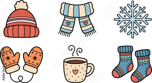 Whimsical hand drawn flat design winter icon set with red beanie blue scarf orange mittens socks hot cocoa cute snowflake