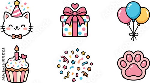 Kawaii flat design birthday party icon set smiling cat with party hat cupcake gift balloons confetti paw close up pastel