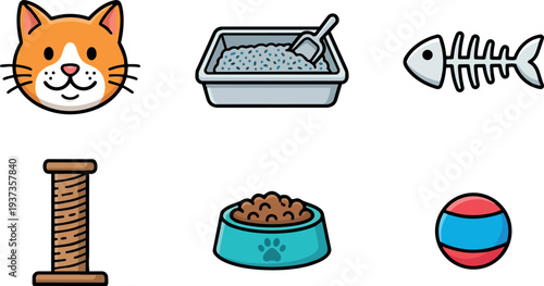 Flat design close up orange cat face with litter tray scratching post food bowl and toy ball on white background
