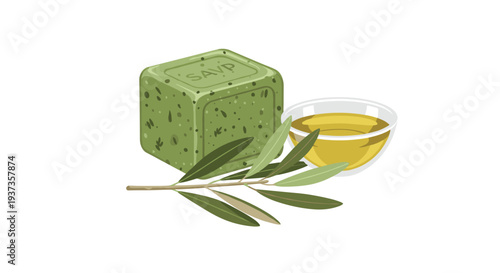 A textured, square bar of green soap with SAVP embossed is next to a glass bowl of golden olive oil and a fresh olive branch.