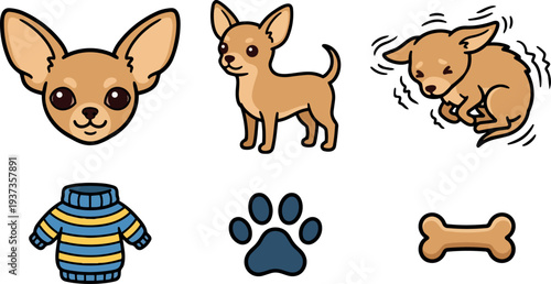 Flat design cute chihuahua sticker set head full body shivering puppy paw sweater and bone icons on white outline vector