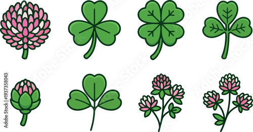 Flat design red clover flowers and three leaf clover icons close up set on white background soft outline