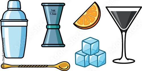 Flat cartoon vector set of cocktail tools including shaker jigger martini glass ice cubes orange wedge and bar spoon isolated