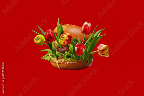 Burger bun filled with ranunculus and tulips on red background. A floral sandwich staged close-up in studio lighting. Spring, Easter, Mother's Day, floral art, celebration, creative food.