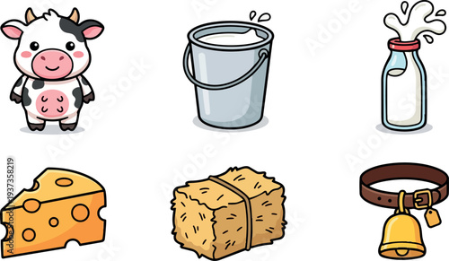Cartoon kawaii dairy icons cow with milk bucket bottle cheese hay bale and bell collar front view showing flat playful
