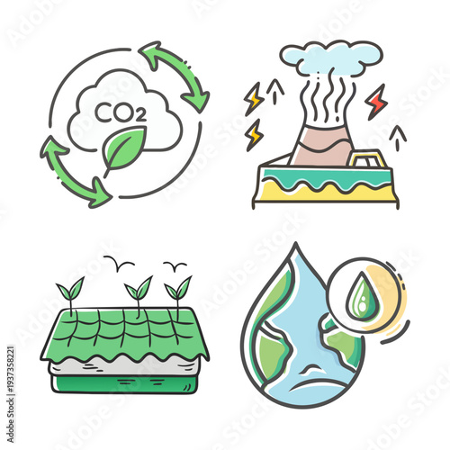 Carbon neutral and environmental icons: CO2 cycle, volcano, green roof, and earth with water drop.