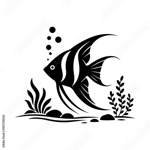 Tropical Angelfish Underwater Scene Black Silhouette Illustration for Marine Life Design, Ocean Nature Art and Aquarium Graphic