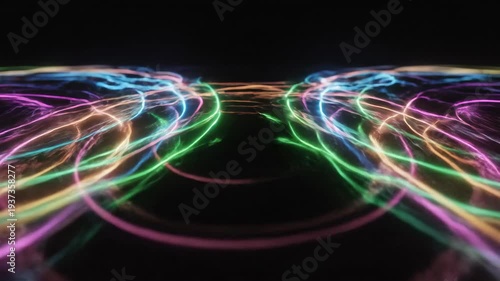 A mesmerizing abstract artwork featuring vibrant, neon-colored trails. The glowing energy spirals around a dark central vortex