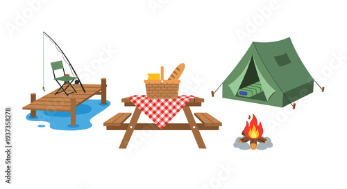 Various outdoor activity items, including a fishing pier, a picnic table with a basket, a camping tent, and a campfire, are arranged on a white background.