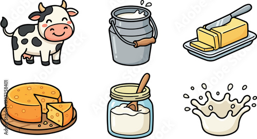 Flat vector cute dairy icons set cow milk bucket butter cheese yogurt jar and splash in clean outline style friendly